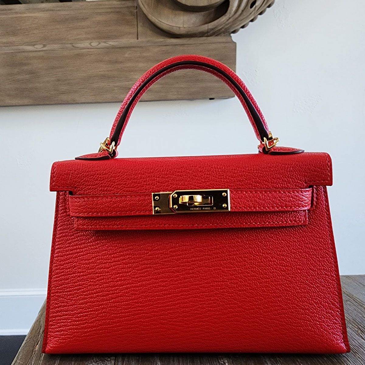 Hermes Mini kelly, verso, Rouge de Coeur in Chevre, ghw, Gris Perle lining