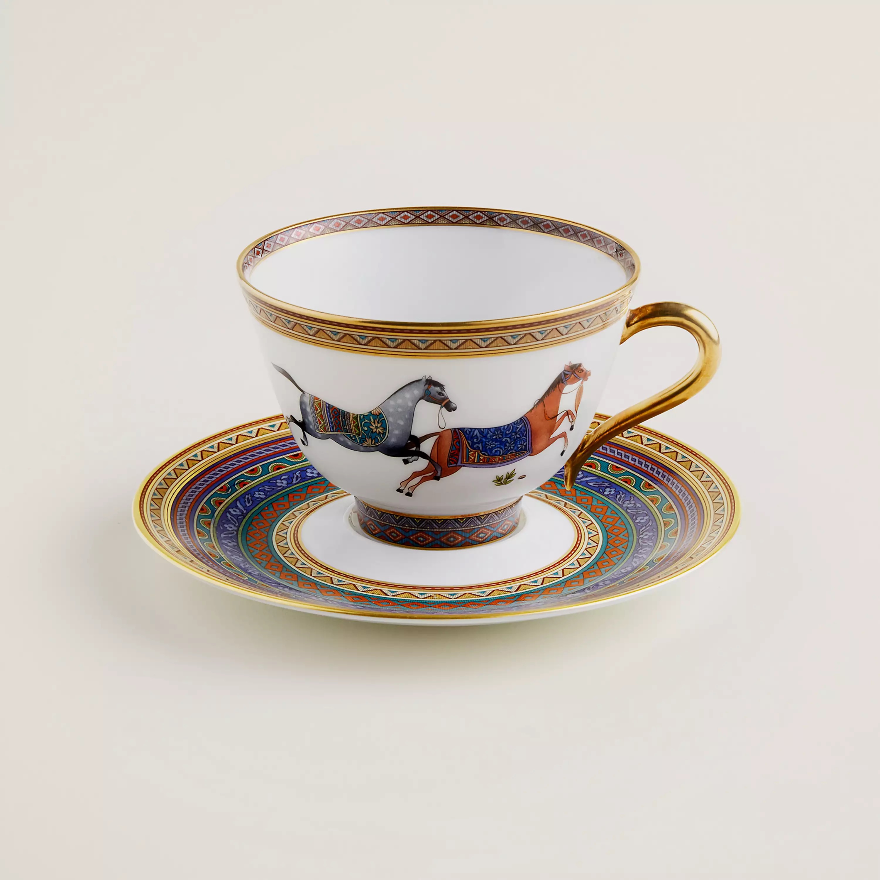 Cheval d'Orient tea cup and saucer n°4 in porcelain, capacity 7.8 fl. oz., $475. Photo via Hermès.com.