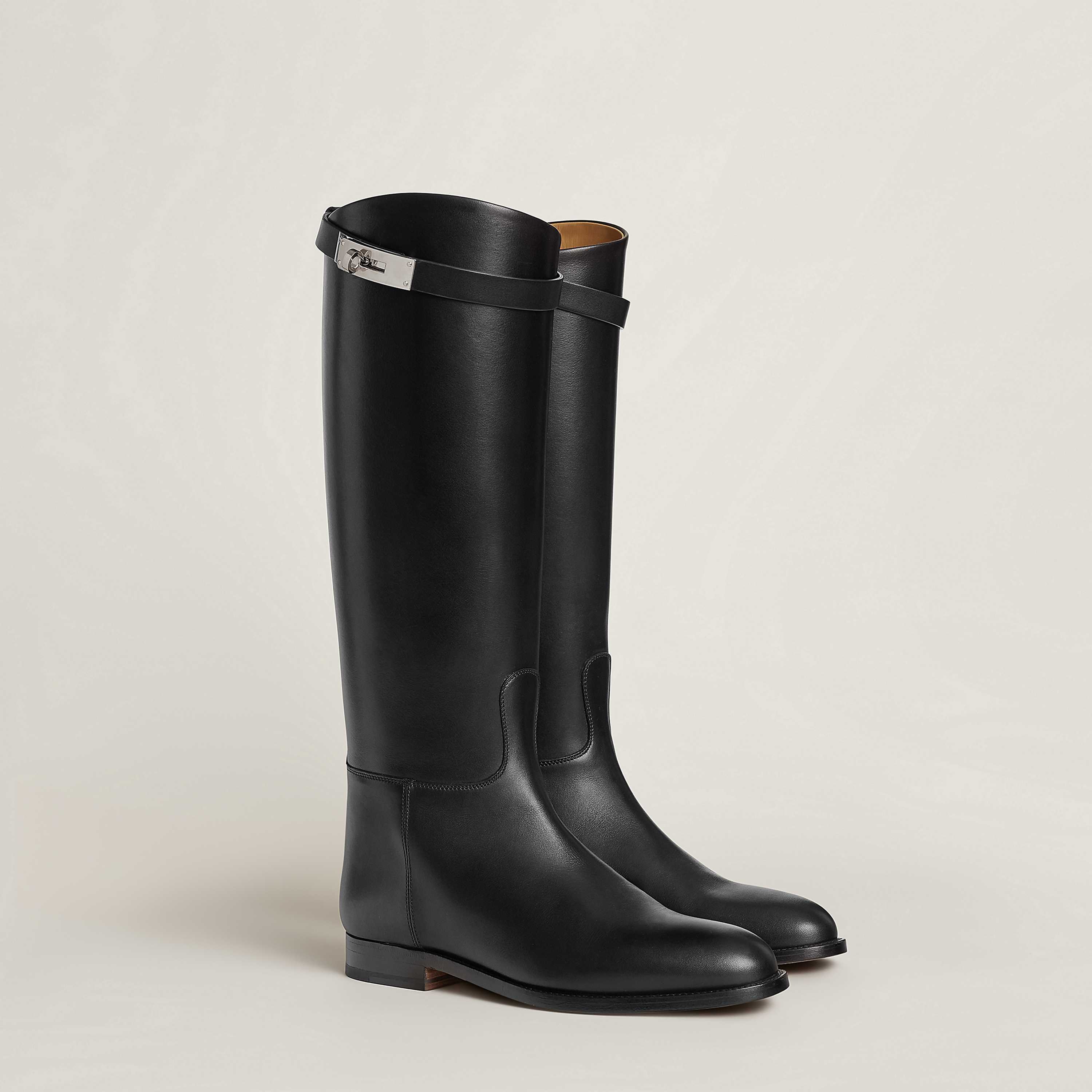 Jumping Boot in Box calfskin with palladium plated Kelly buckle, $2,625. Photo via Hermès.com. Jumping Boot in Box calfskin with palladium plated Kelly buckle, $2,625. Photo via Hermès.com.