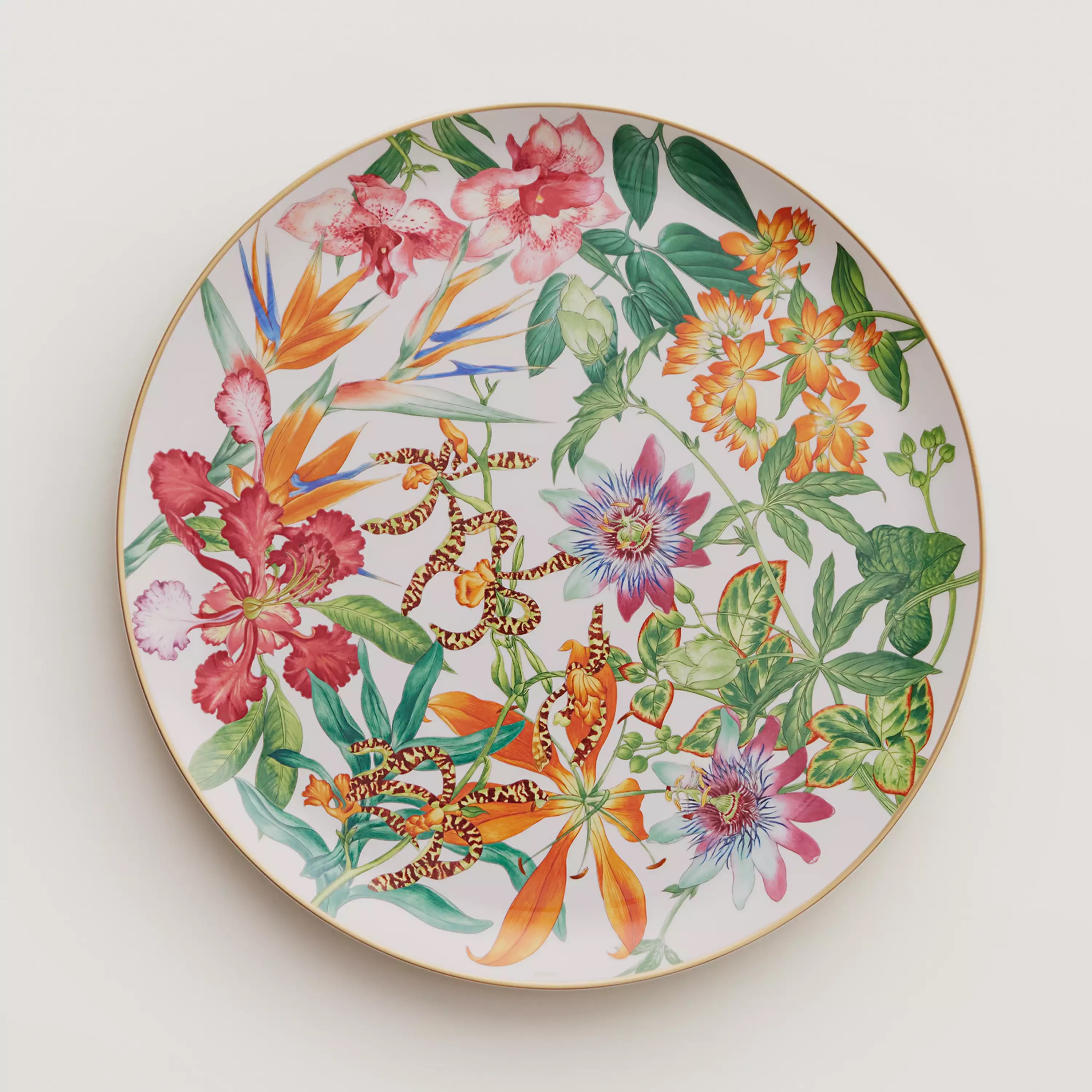 Passifolia Tart Platter in porcelain Decorated using chromolithography Measures 12.6" diameter, $570. Photo via Hermès.com.