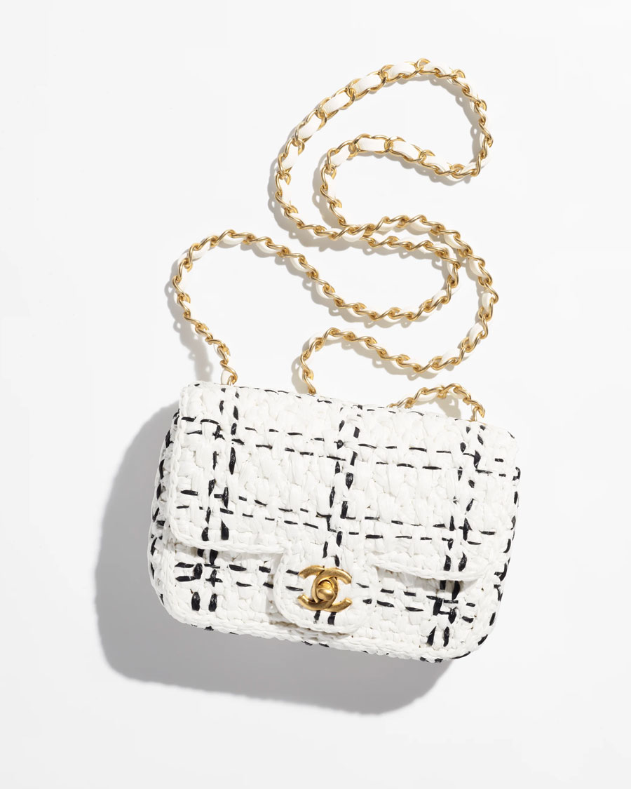 Chanel MINI FLAP BAG Raffia Effect Braided Tweed & Gold Tone Metal White & Black