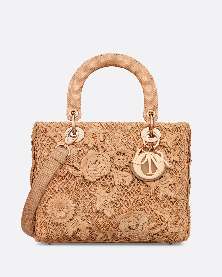 Dior MEDIUM LADY D LITE BAG Natural Raffia Embroidered with 3D Flowers