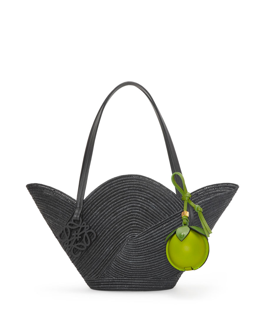 Loewe Petal basket bag in raffia and calfskin & Lime pouch in classic calfskin