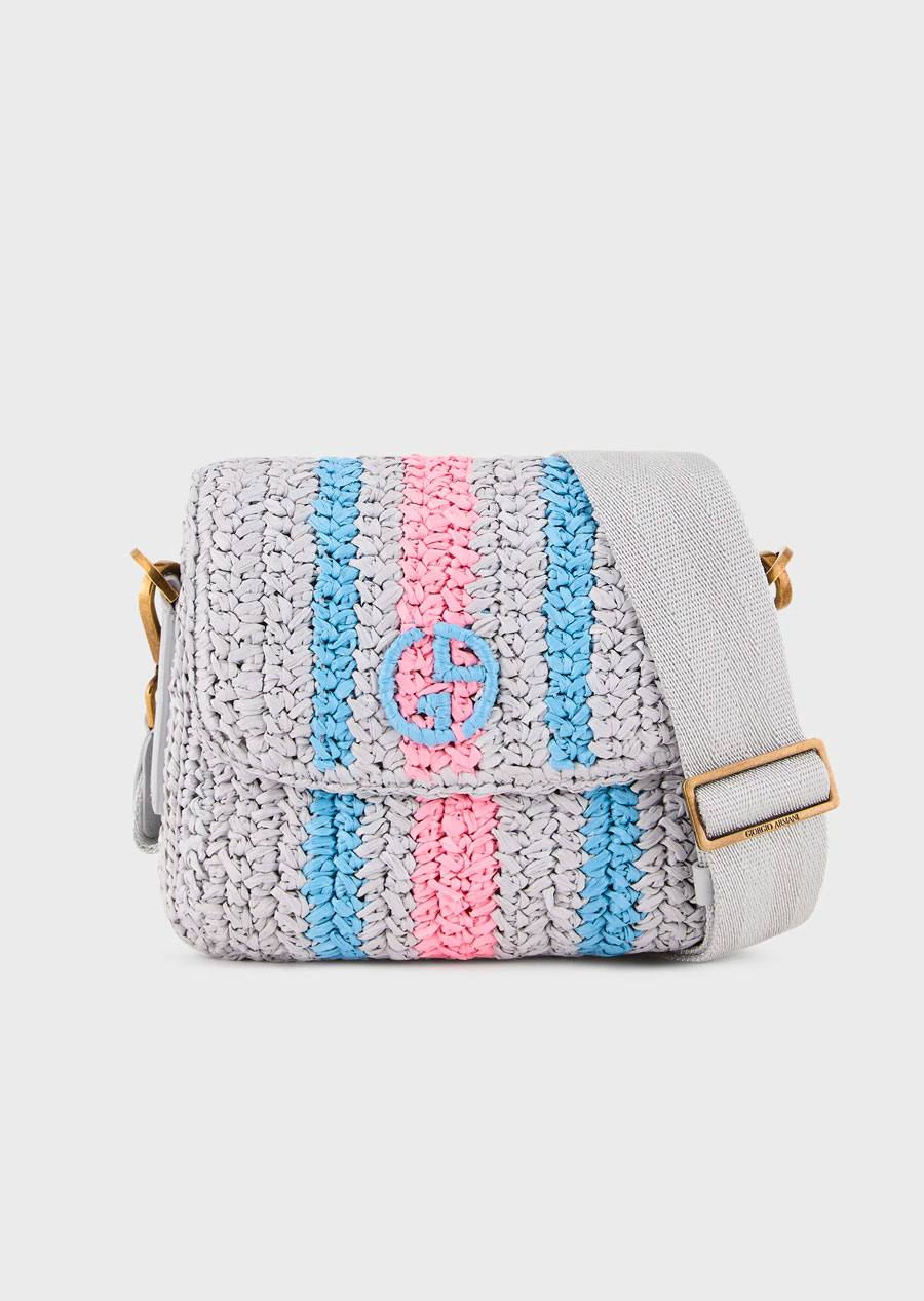 Striped woven raffia la Prima bag with webbing shoulder strap