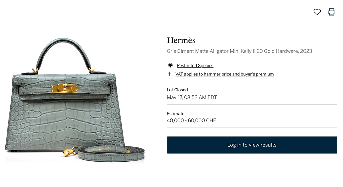Kelly in Gris Ciment Matte Alligator with GHW. Photo courtesy of Sotheby's. Kelly in Gris Ciment Matte Alligator with GHW. Photo courtesy of Sotheby's.