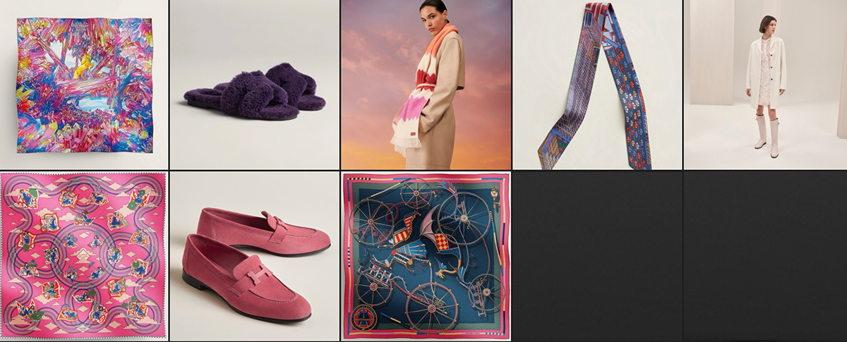 Top Row: La Vallee de Cristal Scarf 90; Oran Sandal in Violet Fonce, Ref# H231288Z VL355; Crantee Stole, Ref# 269108S 04, cw04 Rose Flamingo / Kraft / Cyclamen; Pantin City Twilly cw02 Bleu/Rose/Vert; Supple Coat in Blanc Naturel, Ref# H3H0188DAA334. Bottom Row: Carres Volants scarf 45 cw04 Rose Bonbon/Vert/Orange; Paris Mocassins in Rose Aphrodite, Ref#H221065Z 8H350; Coutures en Equilibre Shawl 140 cw09 Rose Bonbon/Bleu Ardoise/Kaki. 