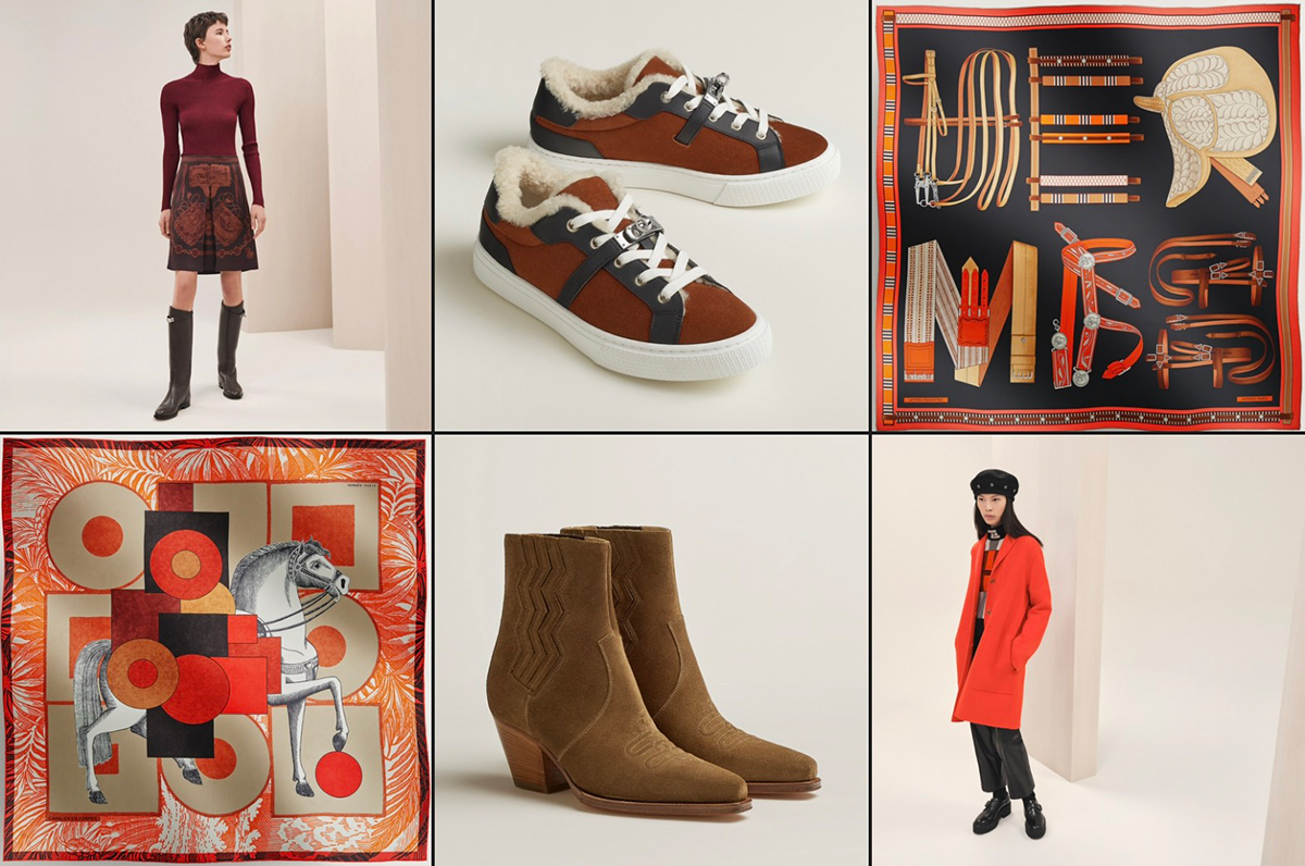 Top Row: "Les Tambours Finesse" pajama pleated skirt in Marron Ébène, Ref# H3H0305D1U534; Day Sneakers in Gold/Noir, Ref #H232175Z 20360; Lettres Equestre Scarf 90 cw05 Noir/Orange/Brun. Bottom Row: Cavalier en Formes scarf 90 cw12 Camel/Orange/Brique; Vegas Ankle Boot in Brun Fume, Ref# H222036Z E5360; Supple Coat in Rouge Cornaline, Ref# H3H0188DA2Q38.