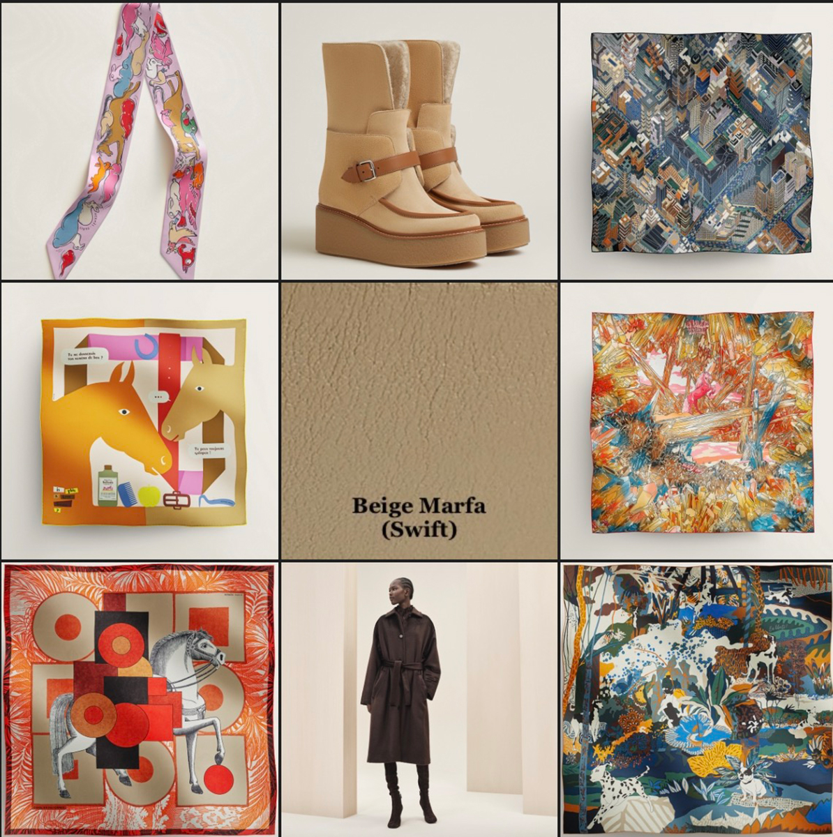 Beige Marfa with (clockwise from top left): Mille et Un Lapins Twilly cw 03 Parme/Rose Vif/Camel; Hemisphere Boots in Multicolore Beige Palomino, Ref #H232029Z W4360; Pantin City Scarf 90, Ref #003969S 05, cw05 Marine / Beige / Parme; La Vallee de Cristal Scarf 90; En Liberte! Shawl 140, Blanc/Vert Loden/Miel; Trench Coat in Marron Ébène, Ref# H3H0123DHU536; Cavalier en Formes scarf 90 cw12 Camel/Orange/Brique; and Is This A Love Story? Scarf 70 Ref#984043S 06, cw06 Rose Nacre / Ocre / Beige.