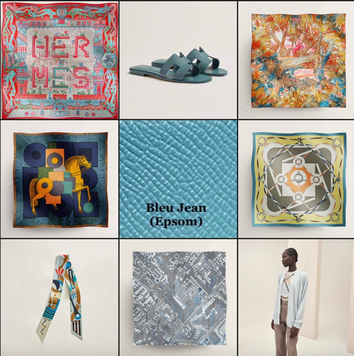 New Bleu Jean with (clockwise from top left): Super Silk Quest scarf 90 cw07 Rouge Grenadine/Turquoise/Rose Vif; Oram Sandal in Bleu Pinède, Ref#202230Z 6U; La Vallee de Cristal Scarf 90; Figure Artistique Scarf 90 Ref#004009S 09, cw09 Bleu Clair / Jaune Soufre / Gris; Long Sleeve Cardigan in Bleu Mineral, Ref#H3H2707D66H42; Pantin City Scarf 90, Ref# 003969S 04, cw04; Parade en Fanfare Twilly; and Cavalier en Forces Scarf 90, Ref#004008S 09, cw09 Bleu Nuit / Jaune D'or / Vert.