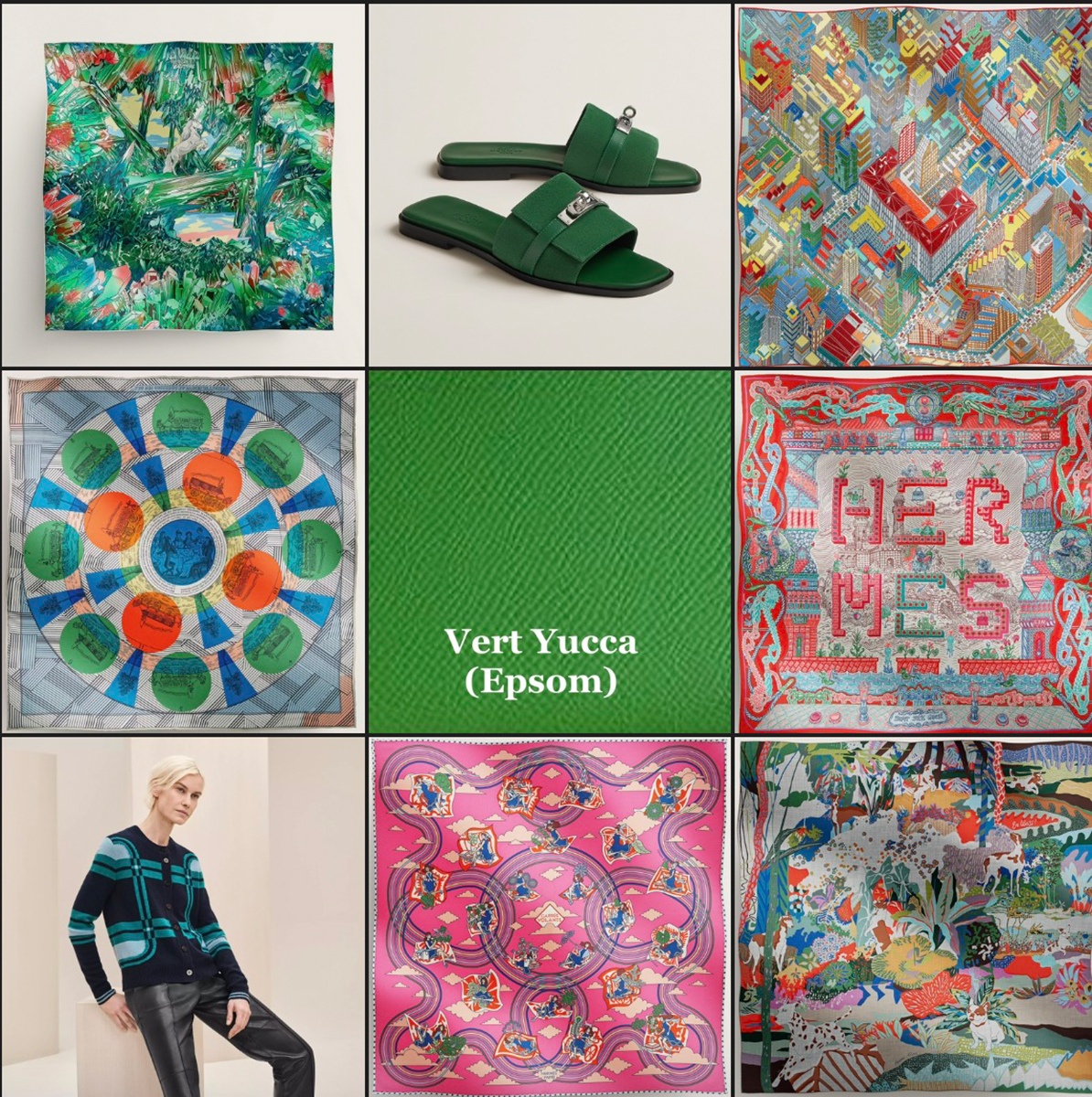 Vert Yucca with (clockwise from top left): La Vallee de Cristal; Giulia Sandal in Vert Electrique, Ref# H232130Z I0370; Pantin City scarf 90 cw01 Vert/Jaune/Rouge; Super Silk Quest scarf 90 cw07 Rouge Grenadine/Turquoise/Rose Vif; En Liberte! Shawl 140 cw10 Gris Chiné/Vert/Cobalt; Carres Volants scarf 45 cw04 Rose Bonbon/Vert/Orange; "Tartan" Long Sleeve Cardigan in Vert Oxford, Ref# H3H2703DDED34; Jeu de Omnibus Remix scarf 45 cw03 Blanc/Menthol/Bleu.