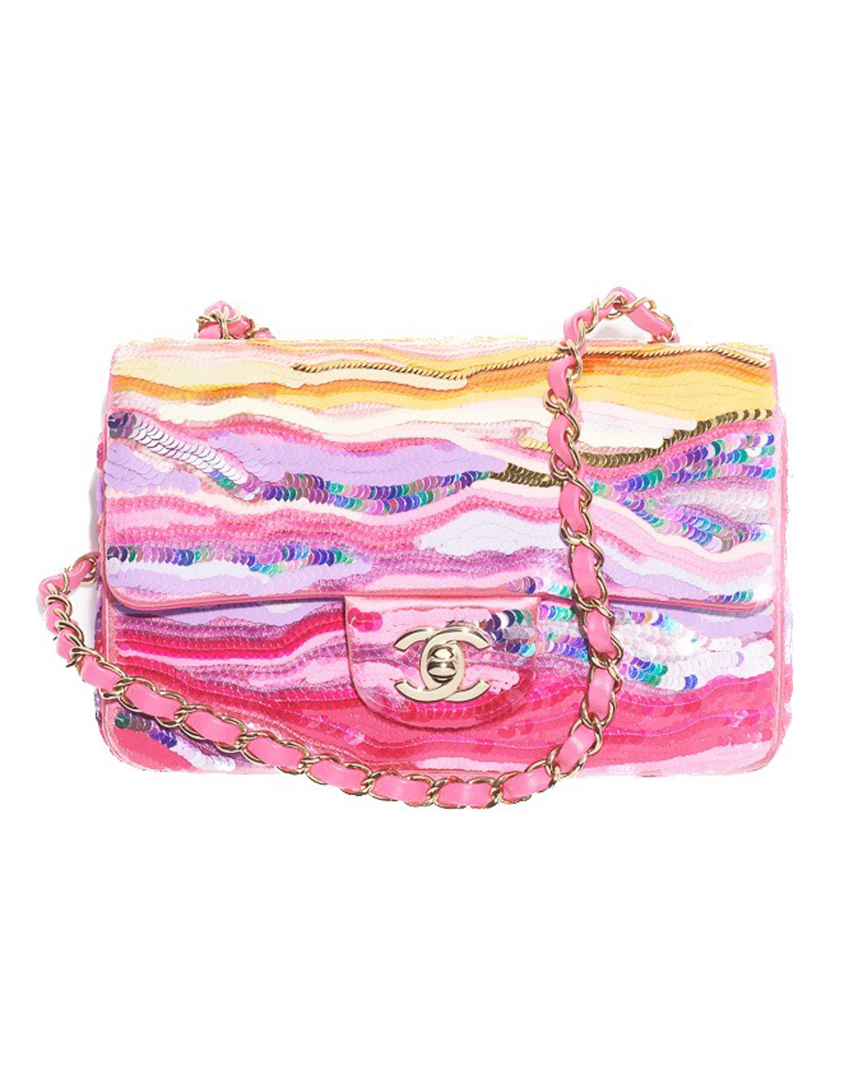 CHANEL bag in yellow, purple and pink embroidered satin, sequins and metal A69900