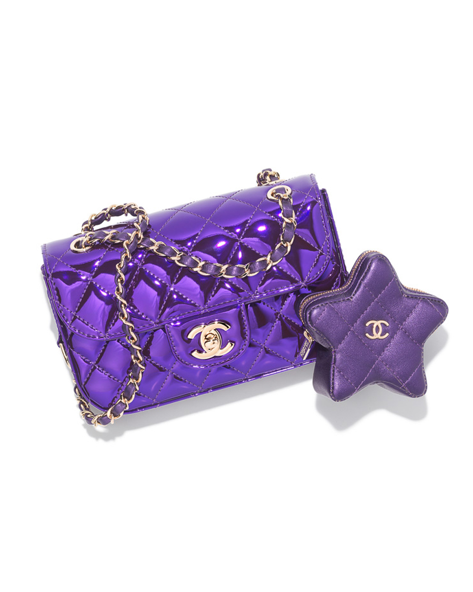 Chanel bag in purple mirror leather metallic leather and metal AS4646