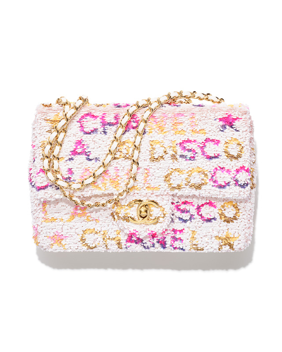 Chanel bag in white yellow pink and blue with Sequins and metal AS4561