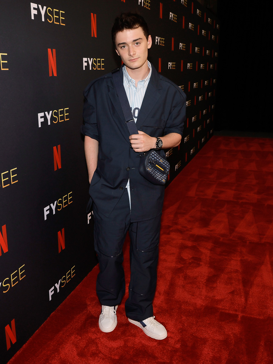 Noah Schnapp wearing Artlettis leather backpack Nero Faure? Le Page