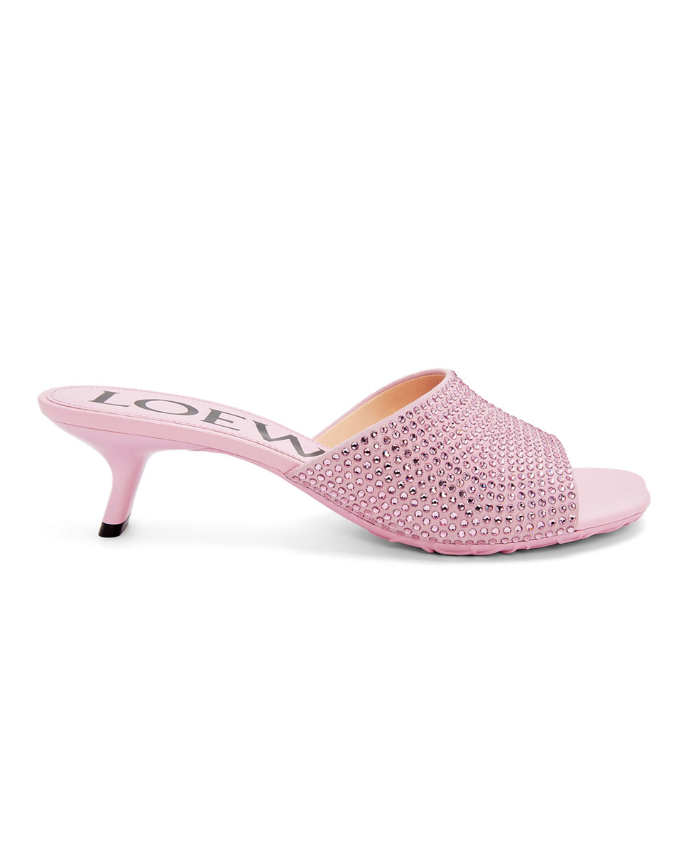 Petal kitten heel slide in suede and rhinestones