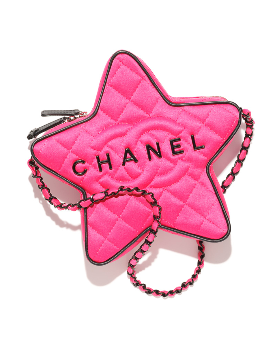 chanel bag in fuchsia and black satin and metal AS4579