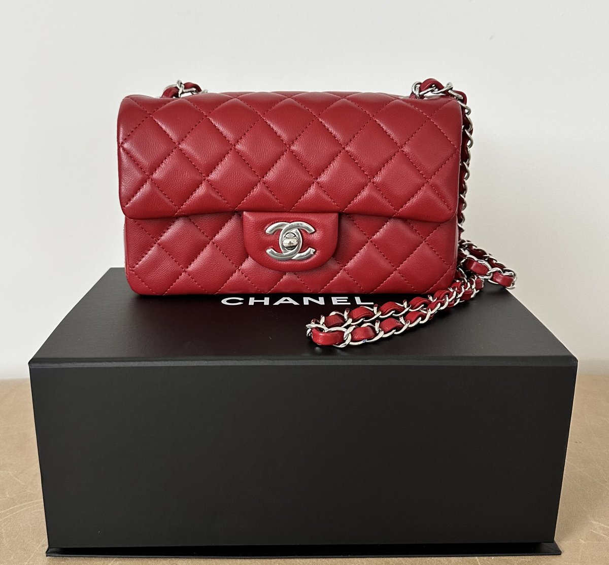 Chanel Red mini flap bag silver hardware