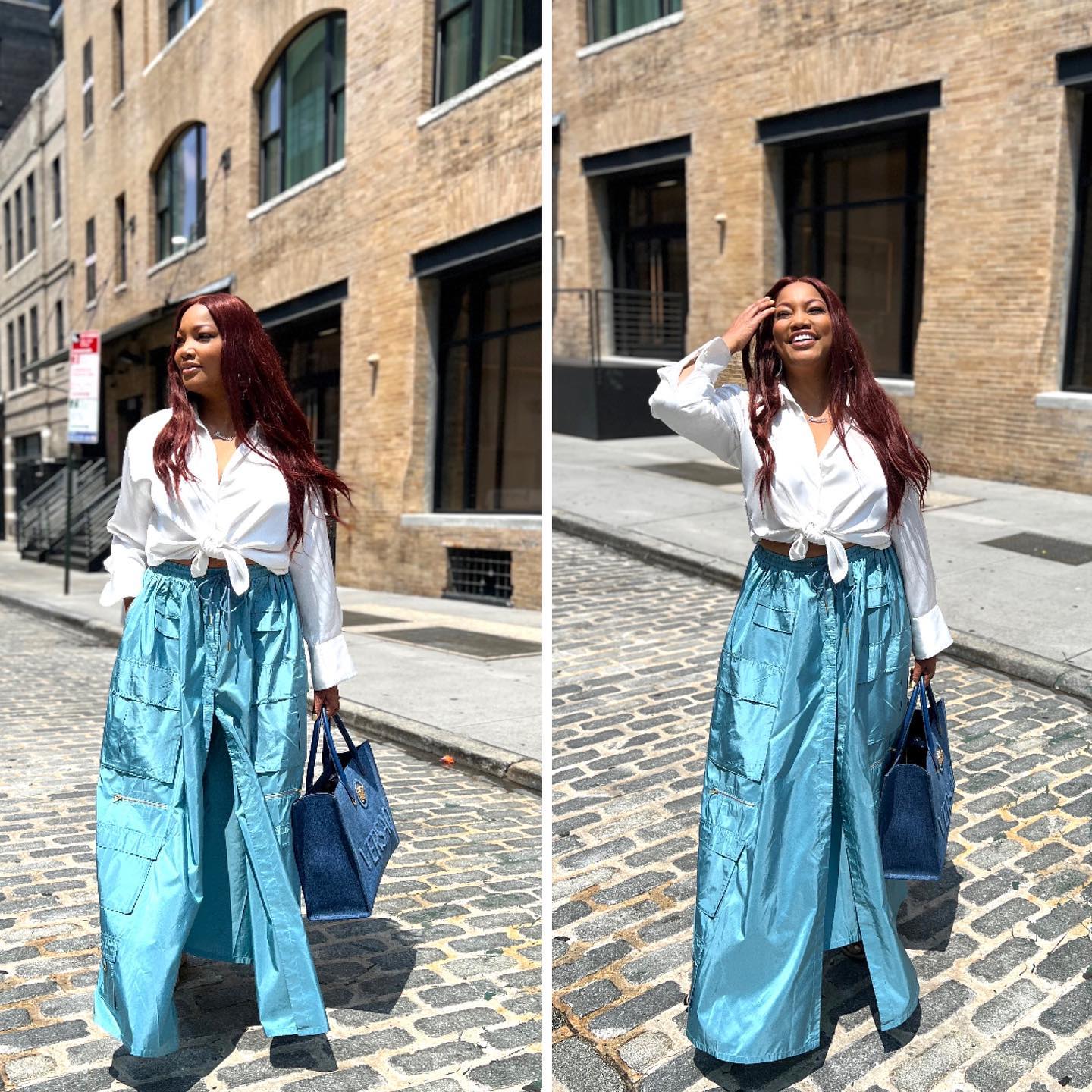 Garcelle Beauvais Versace La Medusa Denim Tote Garcelle Beauvais Versace La Medusa Denim Tote