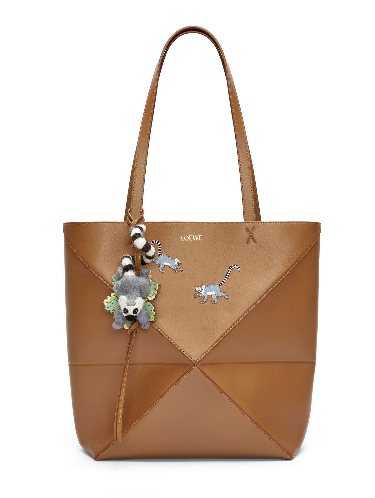 Lemur Puzzle Fold tote in shiny calfskin Lemur charm in felt and calfskin