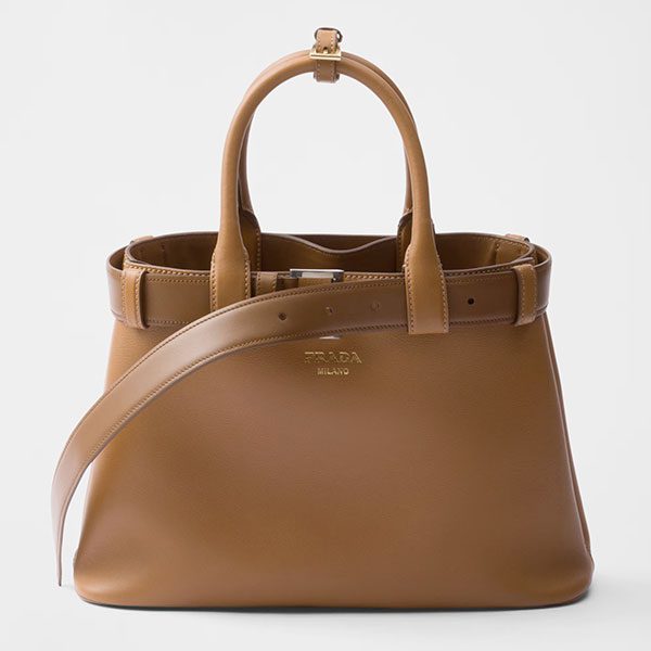 Prada triangle-logo Buckle medium leather handbag with belt caramel
