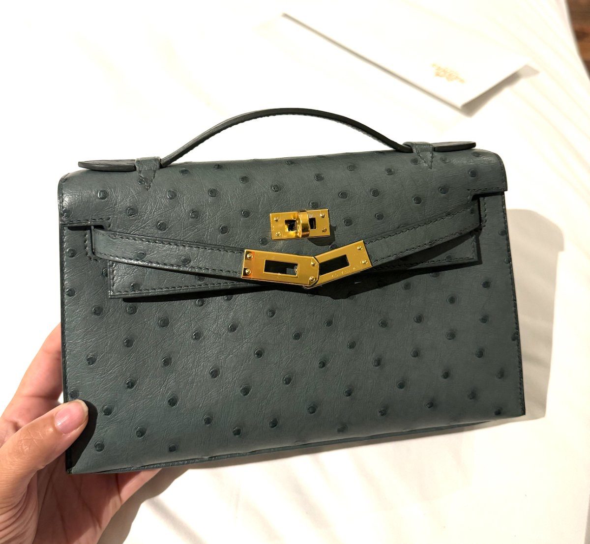 A Kelly Pochette in Vert Amande Ostrich with GHW. Photo via TPFer @anabella05.