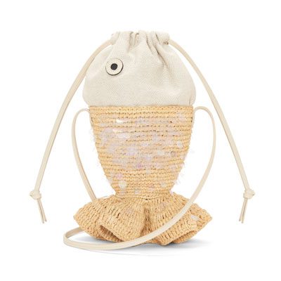 loewe Double Fish pouch in canvas and raffia