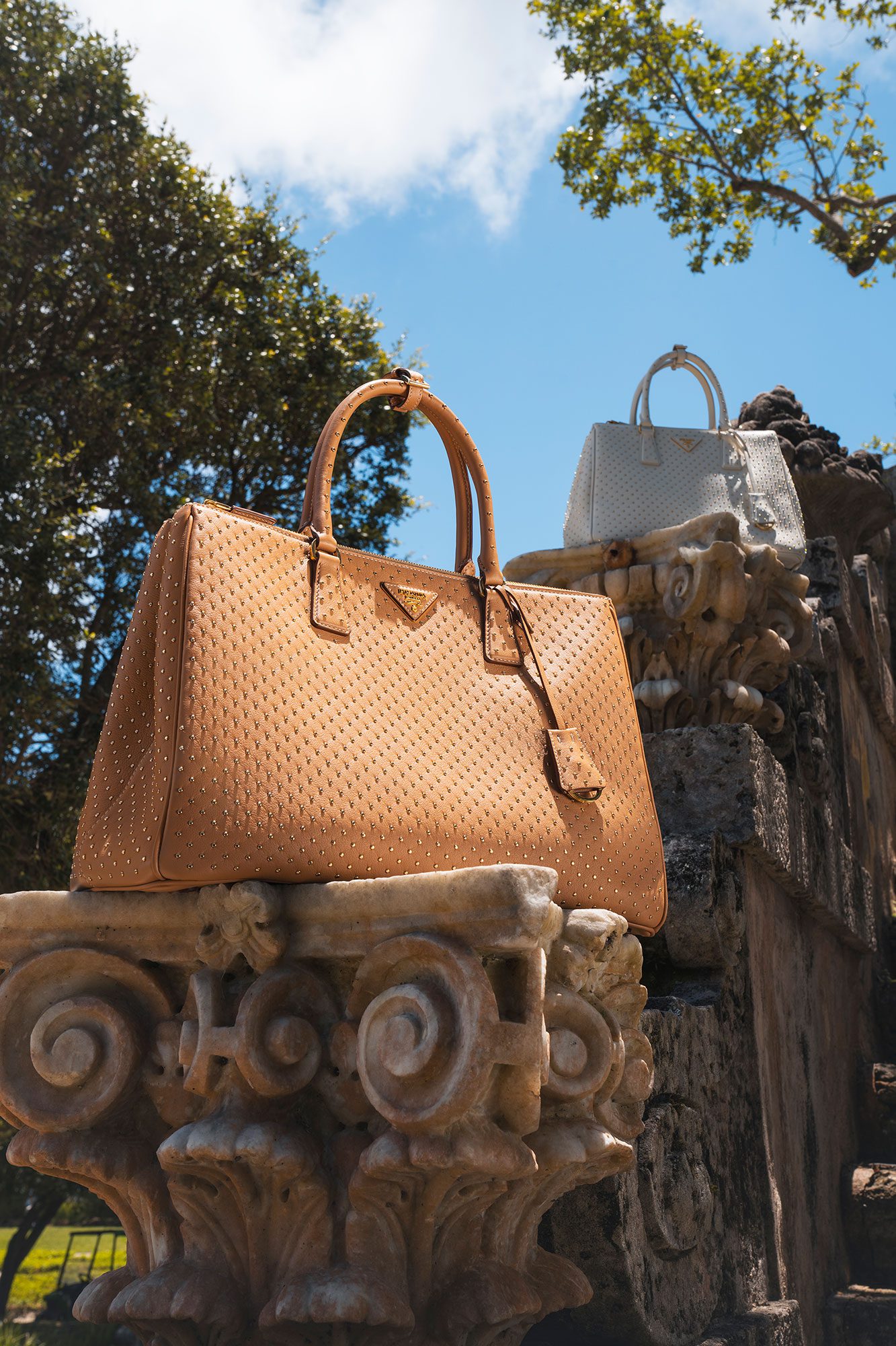 Prada Galleria Large Studded Brown and White