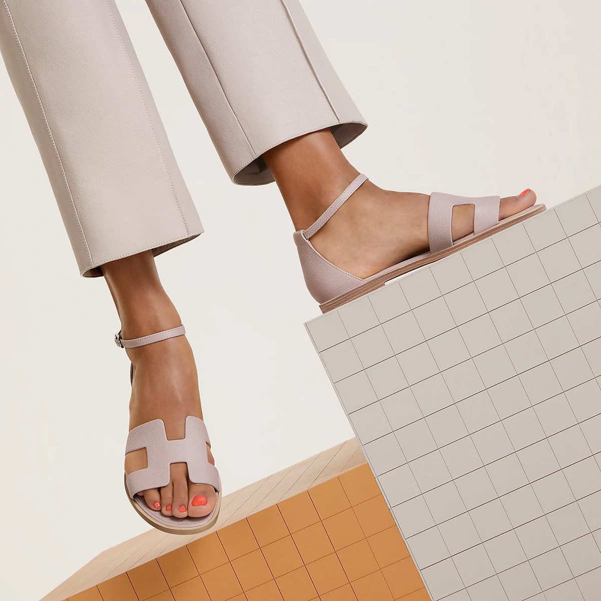 Santorini Sandal in Rose Porcelaine Epsom. Photo via Hermes.com.