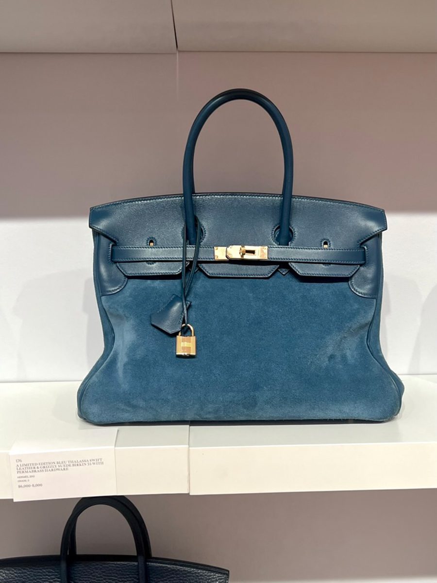 Lot 176: A Bleu Thalassa Swift Leather Grizzly Suede Birkin 35 with Permabrass Hardware.