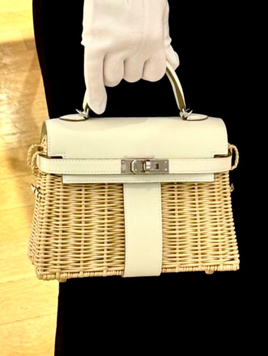 Lot 88: A Mushroom Swift Leather Osier Wicker Picnic Mini Kelly 20 PHW. Photo via Allison Davi.