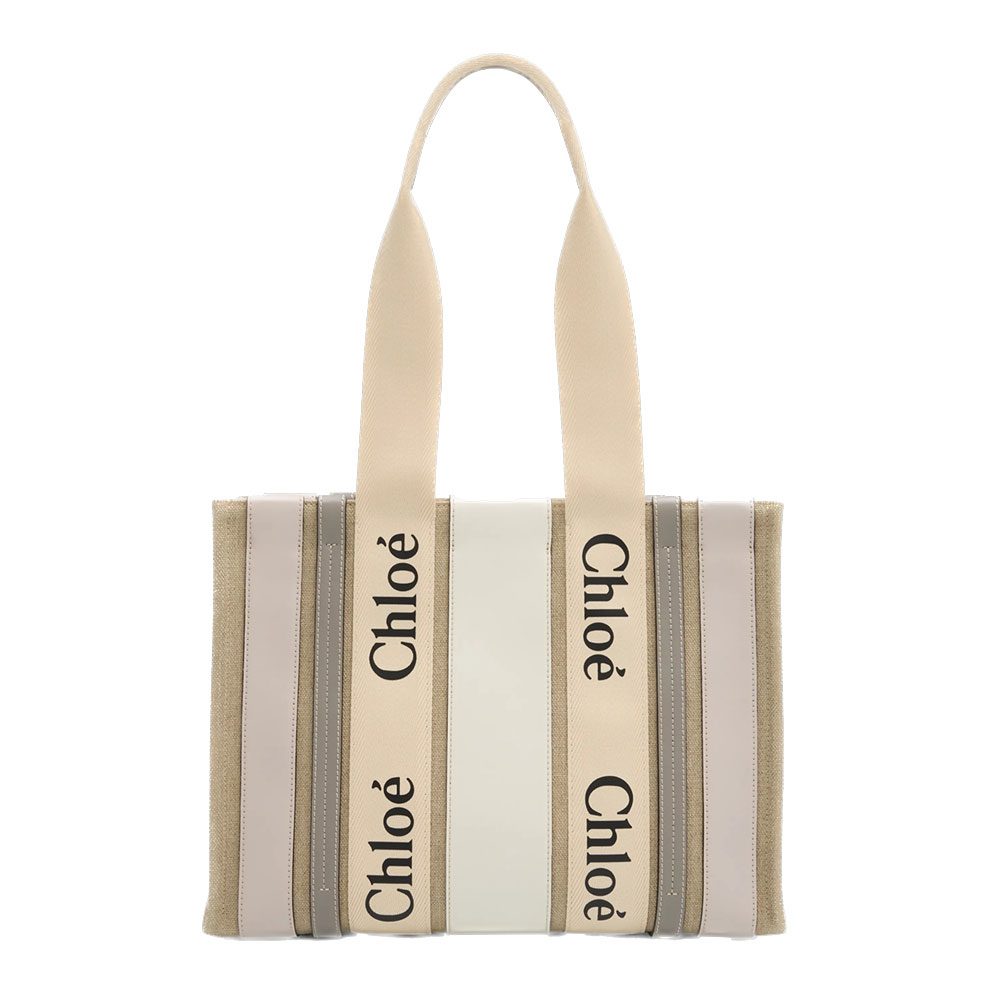 chloe x High Summer Woody Medium Tote Bag in Striped Linen and Leather Background Removed 1