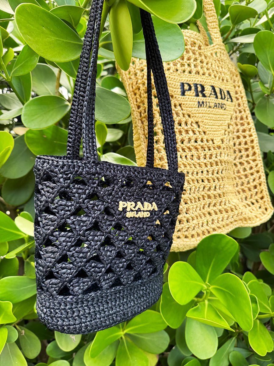Prada Raffia Totes black and beige