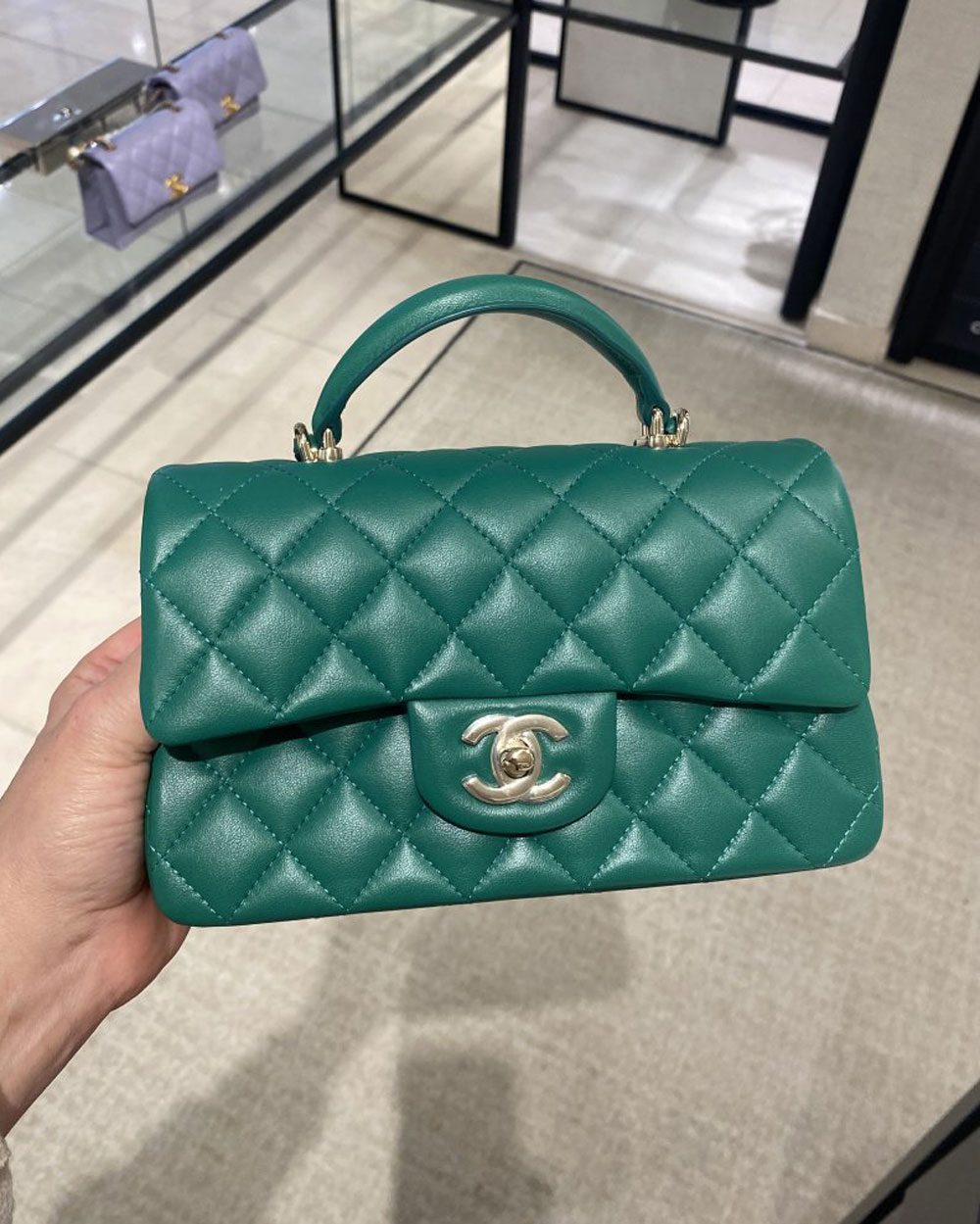 chanel green mini flap top handle