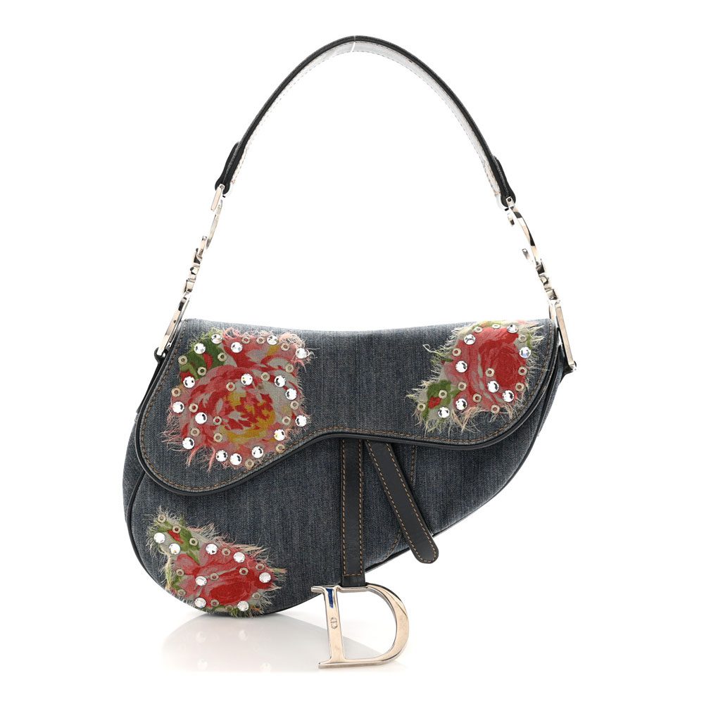 dior Denim Crystal Floral Embroidered Saddle Bag Multicolor