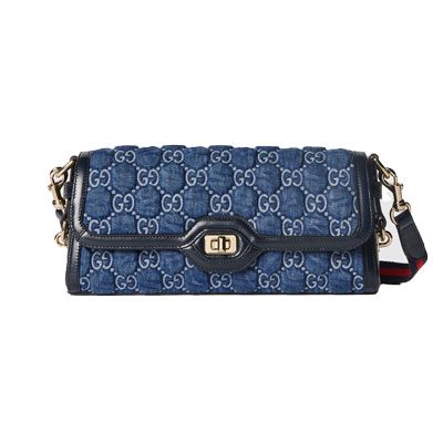 LUCE SMALL SHOULDER BAG 27 IN BLUE EMBOSSED DENIM AND BLACK CALFSKIN TRIM GOLD HARDWARE