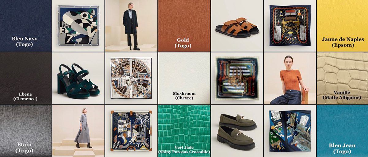 Hermes Autumn Winter 2024 Bleu Navy Gold Jaune de Naples Ebene Mushroom Vanille Etain Vert Jade Bleu Jean Hermes Autumn Winter 2024 Bleu Navy Gold Jaune de Naples Ebene Mushroom Vanille Etain Vert Jade Bleu Jean