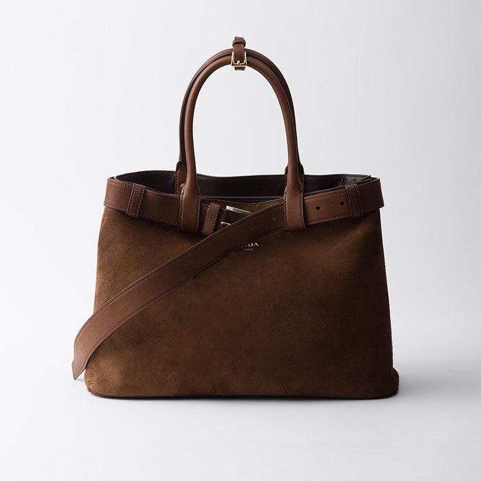 Large Prada Buckle suede bag with belt cocoa brown
