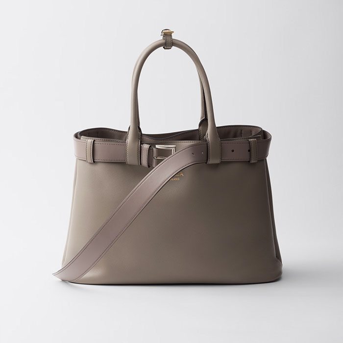 Prada Buckle large leather handbag with belt clay grey
