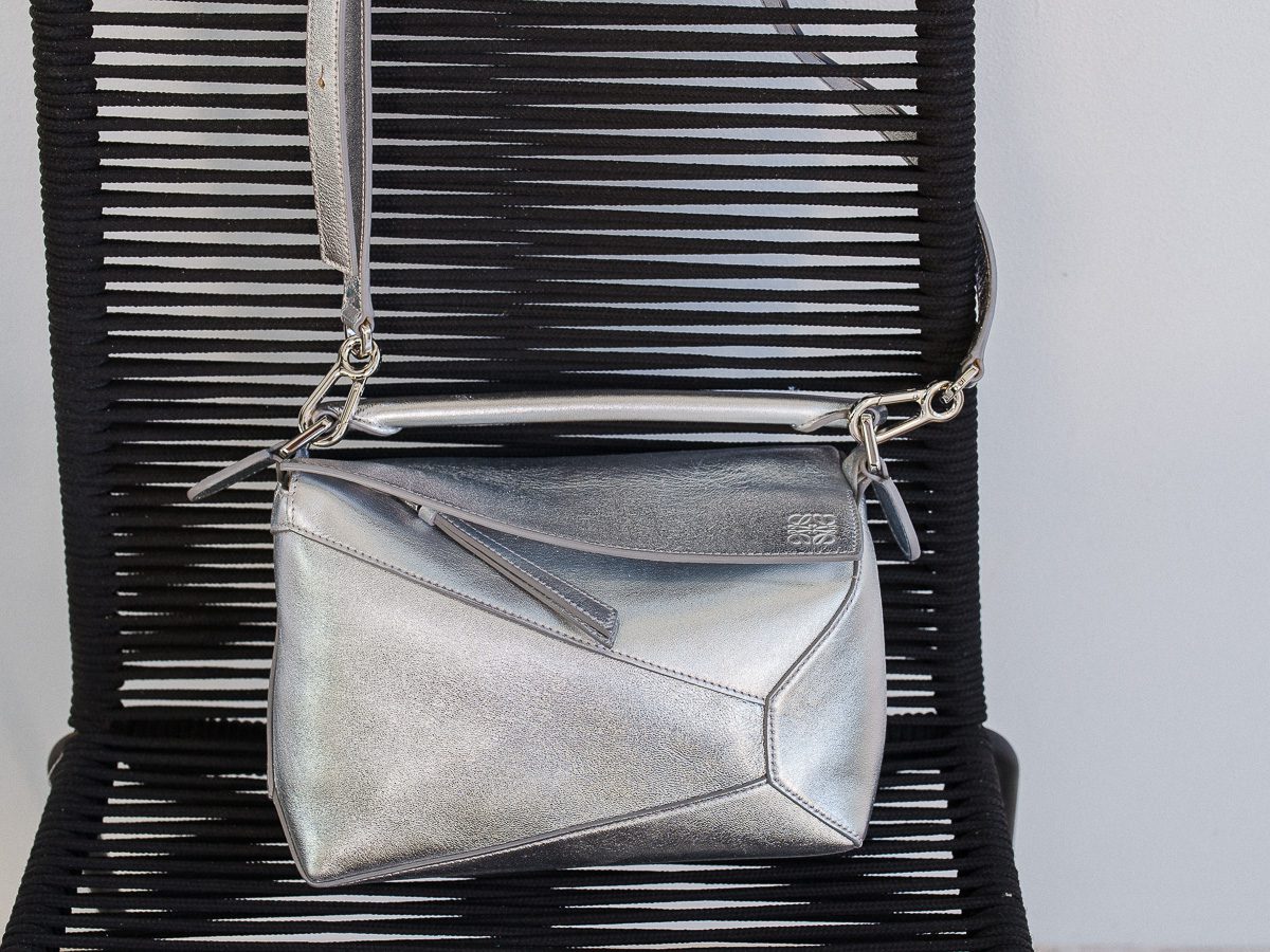 Loewe Small Puzzle Bag in Silver Laminated Lambskin