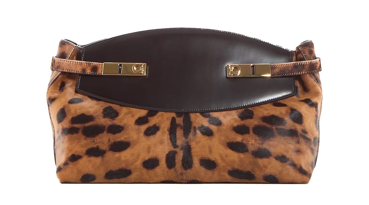 ferragamo. Hug Leopard Print Calf Hair Pouch Crossbody