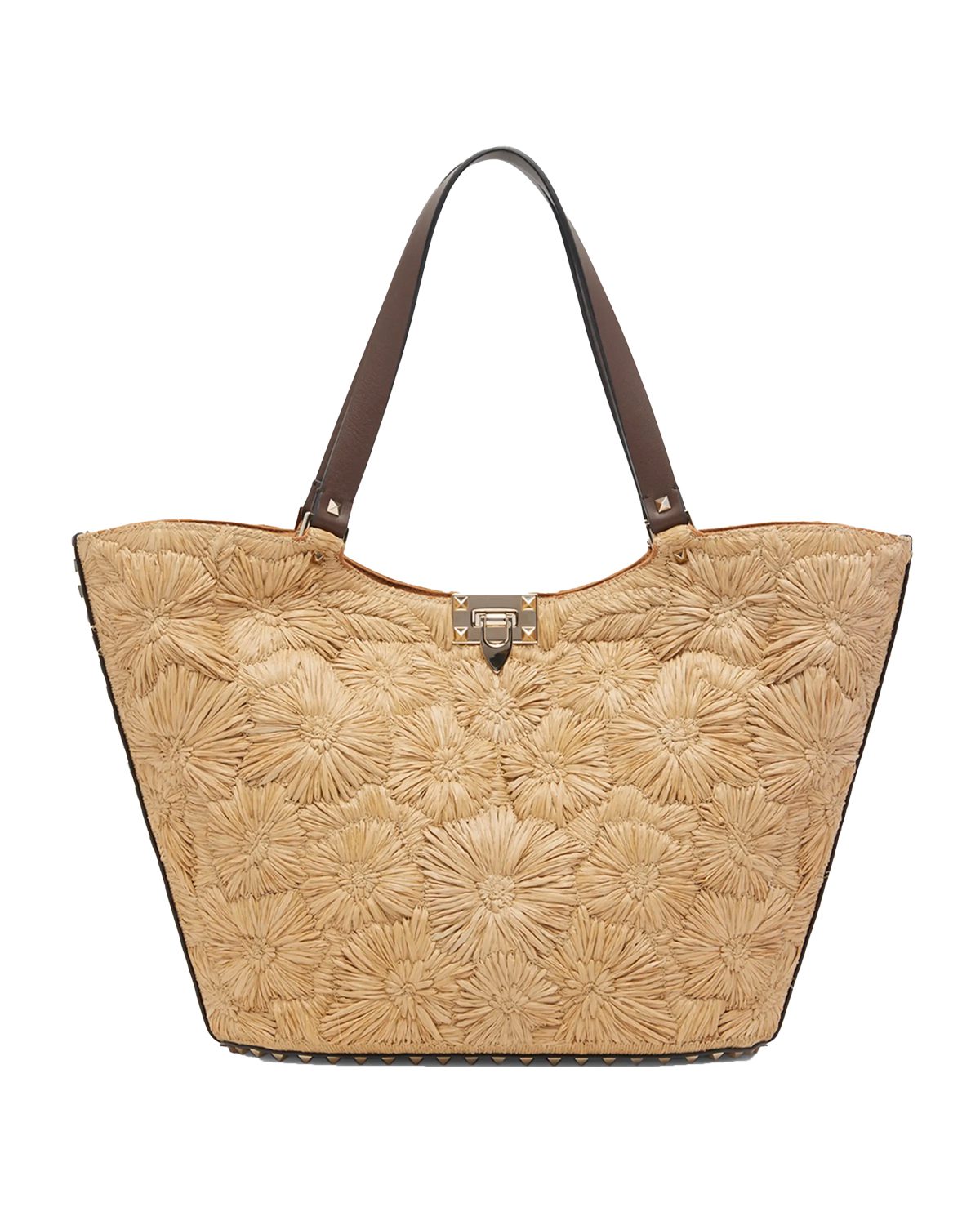 valentino Garden Flower Rockstud Straw Tote Bag