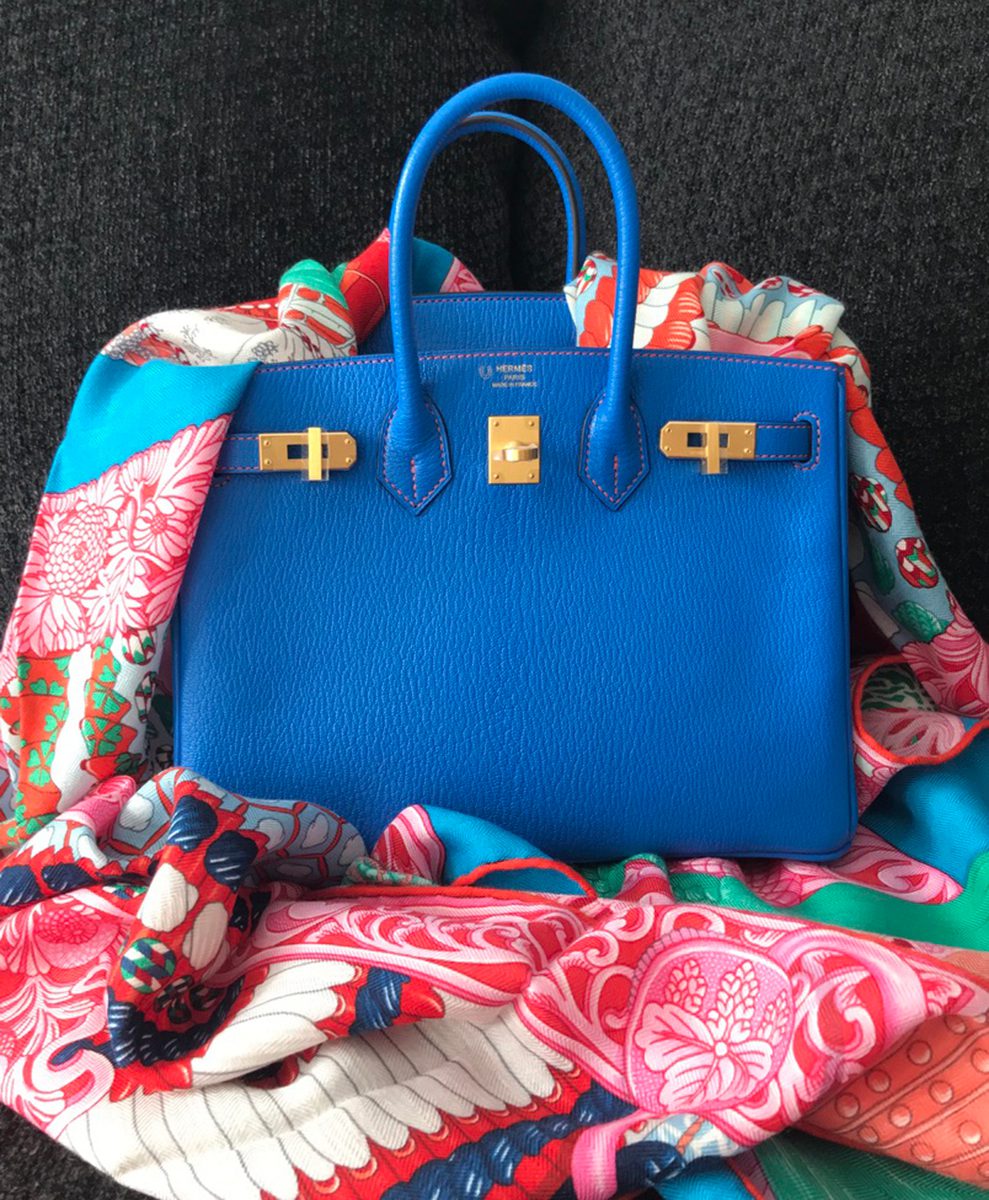 A Bleu Hydra B25 in Chevre Leather with BGHW and Rose Jaipur Contrast