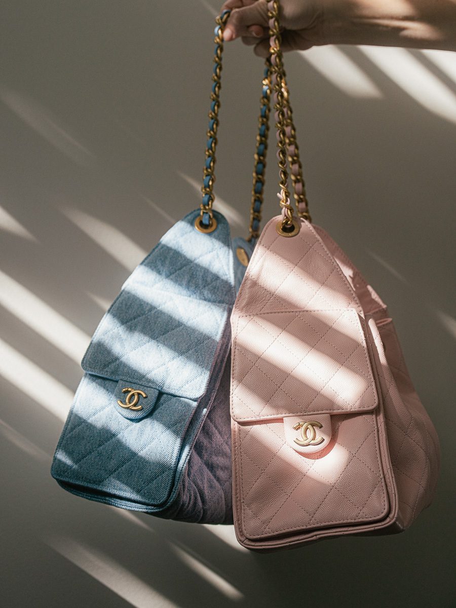 Chanel 25 Bag Small in blue denim and pink leather Chanel 25 Bag Small in blue denim and pink leather