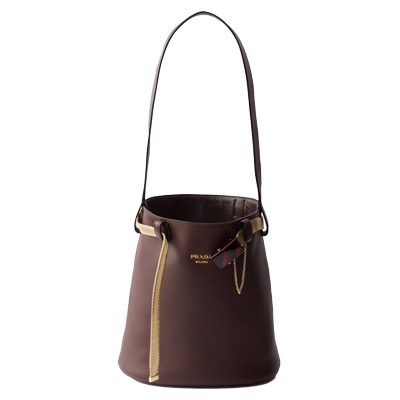 Prada Buckle leather bucket bag with jeweled belt briarwood