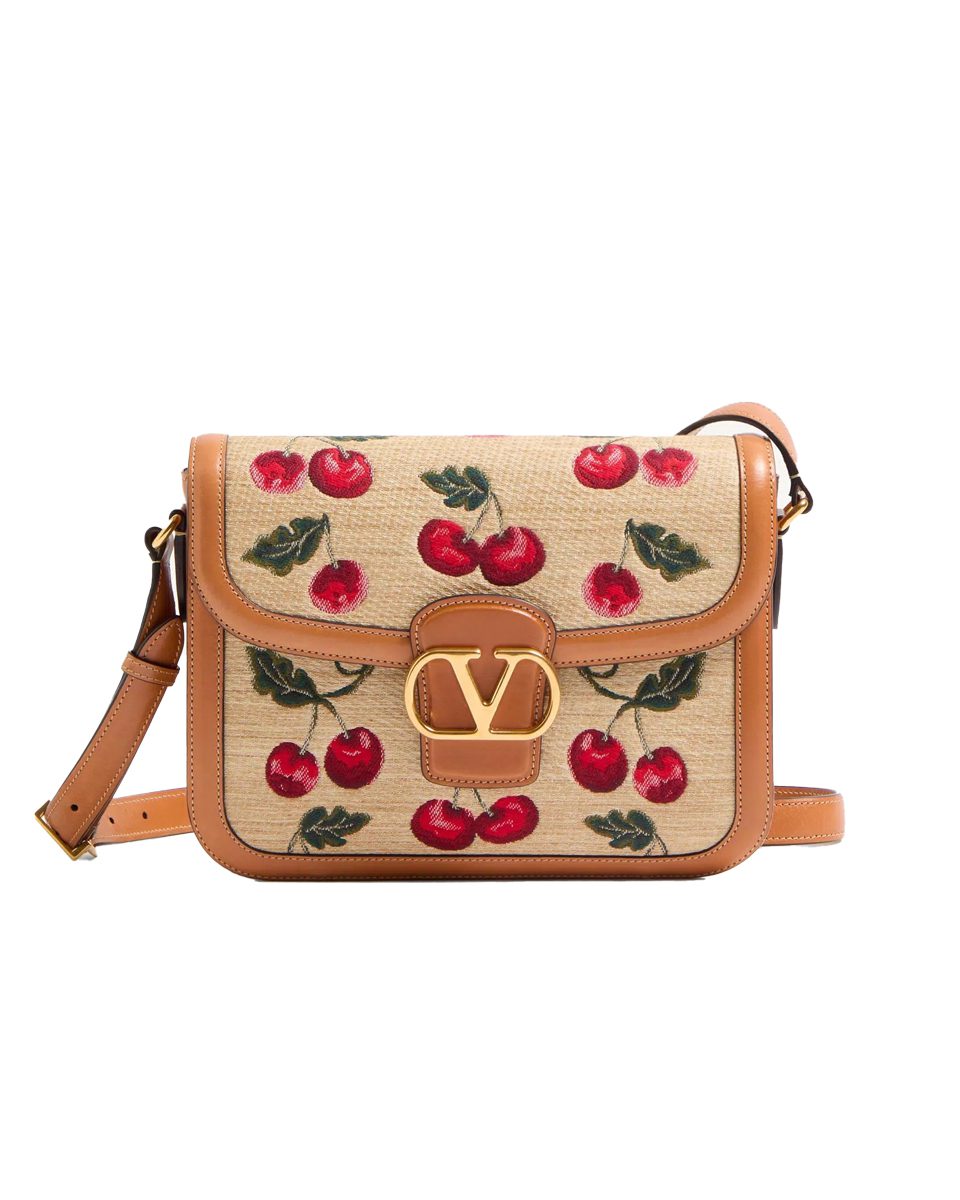 VALENTINO GARAVANI 9TO5 SHOULDER BAG IN JACQUARD RAFFIA WITH CHERRYFIC MOTIF