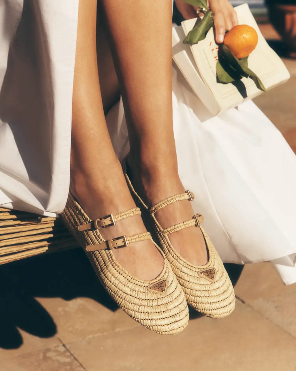 prada raffia ballerina shoes