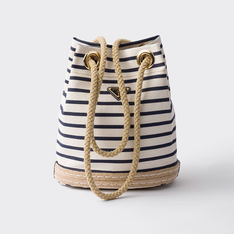 Prada Mariner small striped fabric bucket bag ivory