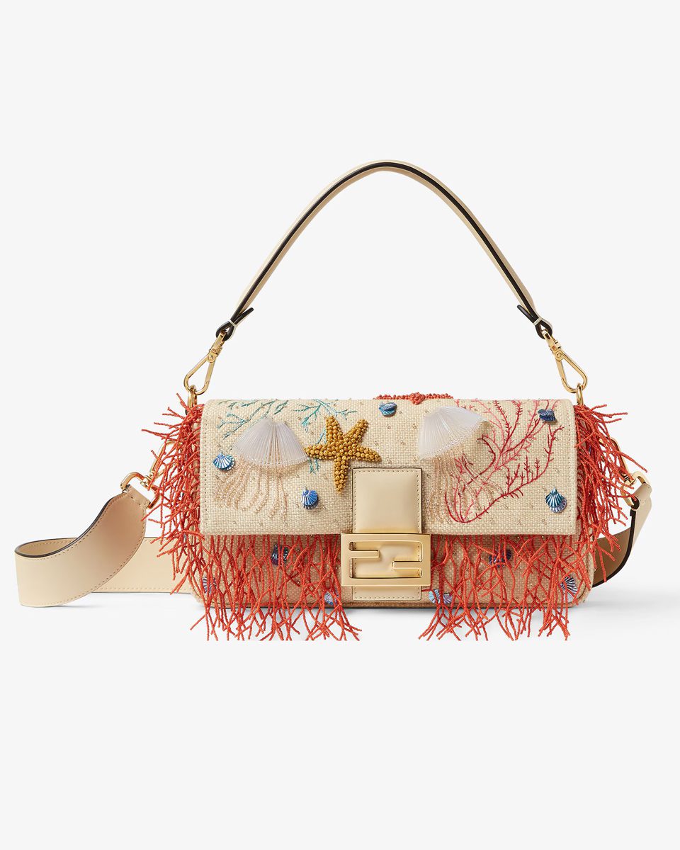 fendi Baguette Woven bag with Sea Garden embroideries