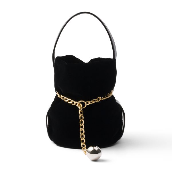 Playful Tricks Add a Whimsical Touch to the Iconic Prada Galleria This Season 6 Prada Petit Sac Noir mini velvet and nappa leather bucket bag