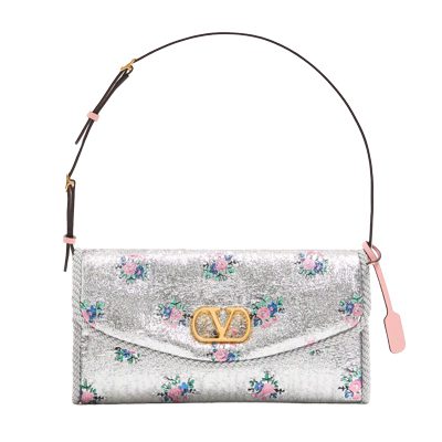Valentino Garavani DeVain Small Shoulder Bag In Floral Lurex Jacquard Fabric in Silver